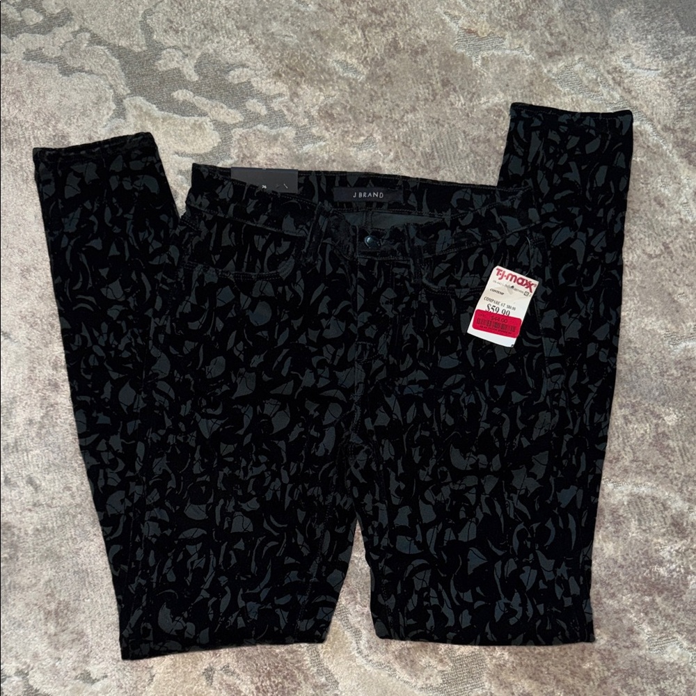 J Brand Black Turquoise Velvet Brocade Super Skinny Mid Rise Pants - NWT Size 26
